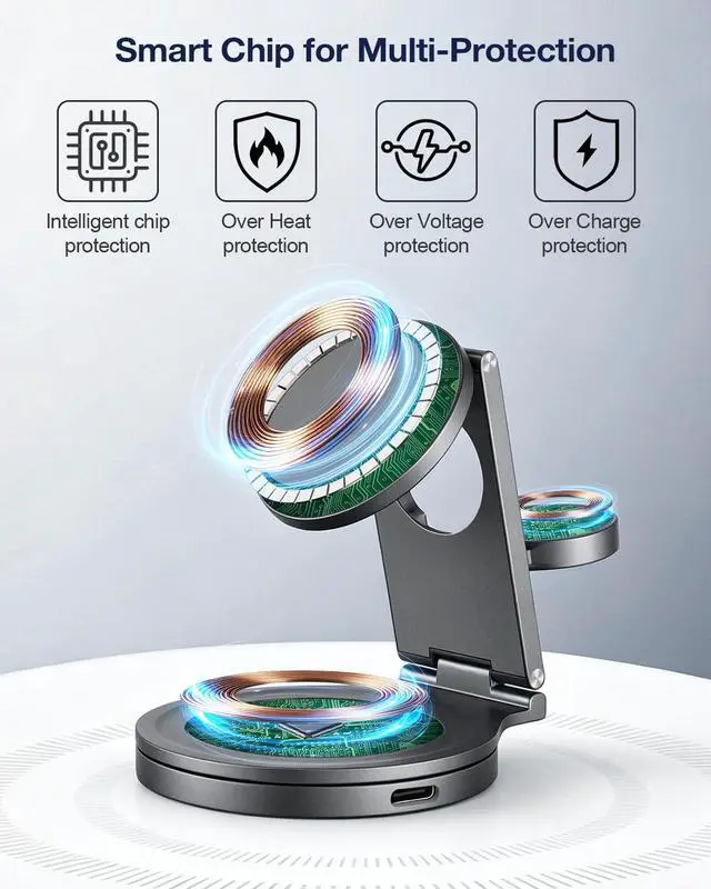 Alt view image 4 of 7 - Foldable 3 in 1 Wireless Charging Station for Apple Compatible with Magsafe Charger Stand,Magnetic Wireless Charger Station for iPhone 17 Air16 15 14 13 12 Series,Airpods Pro,Apple Watch (Grey)