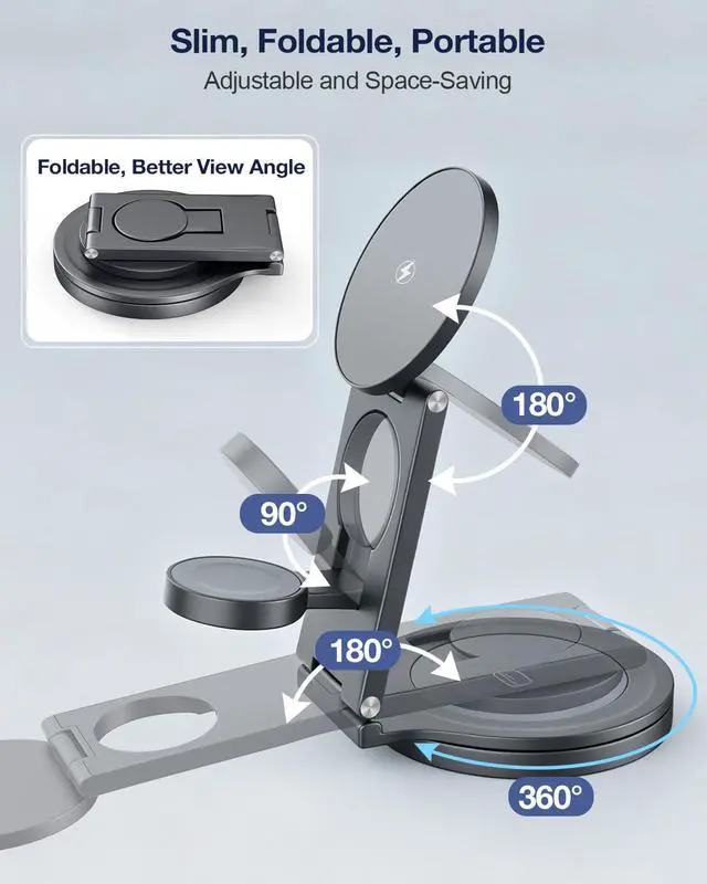 Alt view image 6 of 7 - Foldable 3 in 1 Wireless Charging Station for Apple Compatible with Magsafe Charger Stand,Magnetic Wireless Charger Station for iPhone 17 Air16 15 14 13 12 Series,Airpods Pro,Apple Watch (Grey)