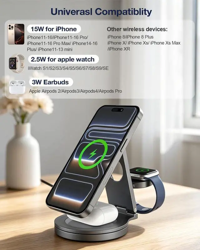 Alt view image 7 of 7 - Foldable 3 in 1 Wireless Charging Station for Apple Compatible with Magsafe Charger Stand,Magnetic Wireless Charger Station for iPhone 17 Air16 15 14 13 12 Series,Airpods Pro,Apple Watch (Grey)