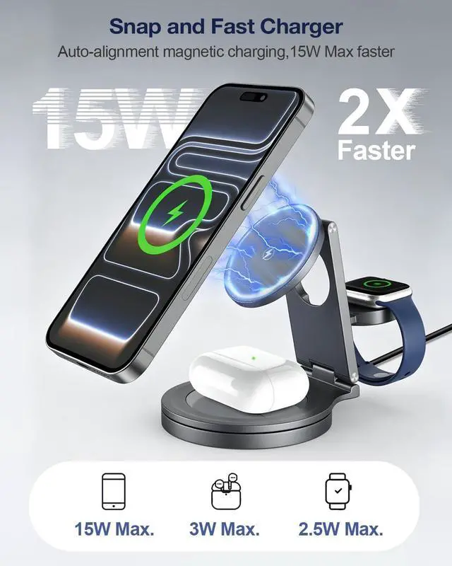 Alt view image 5 of 7 - Foldable 3 in 1 Wireless Charging Station for Apple Compatible with Magsafe Charger Stand,Magnetic Wireless Charger Station for iPhone 17 Air16 15 14 13 12 Series,Airpods Pro,Apple Watch (Grey)