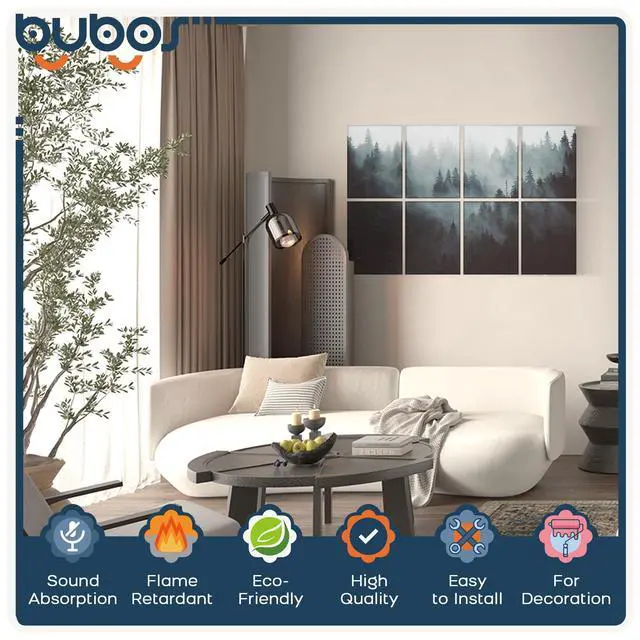 Alt view image 3 of 7 - 8 Pack Acoustic Wall Panels - High-Density Polyester Sound Absorbing Panels, Decorative Print Treatment for Recording Studio & Home Office, Peel and Stick, 16" x 12"