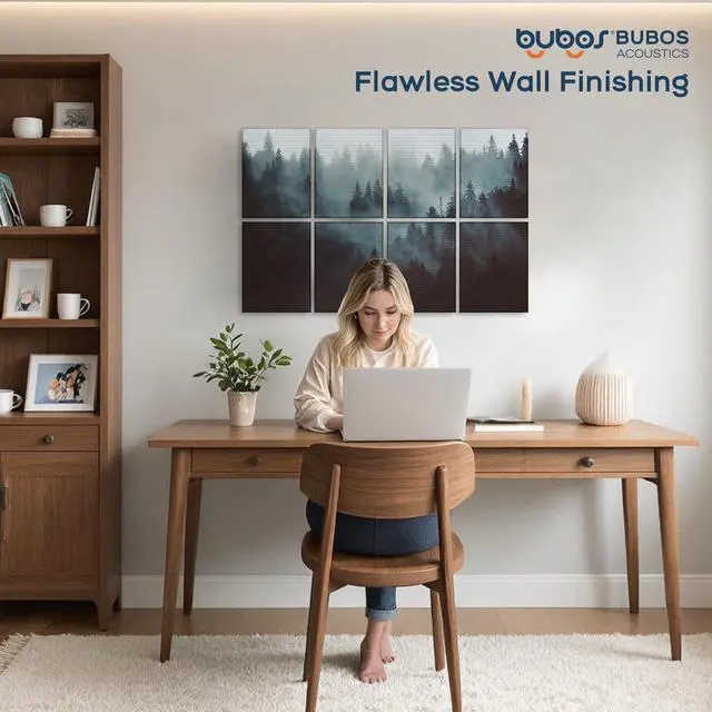 Alt view image 7 of 7 - 8 Pack Acoustic Wall Panels - High-Density Polyester Sound Absorbing Panels, Decorative Print Treatment for Recording Studio & Home Office, Peel and Stick, 16" x 12"