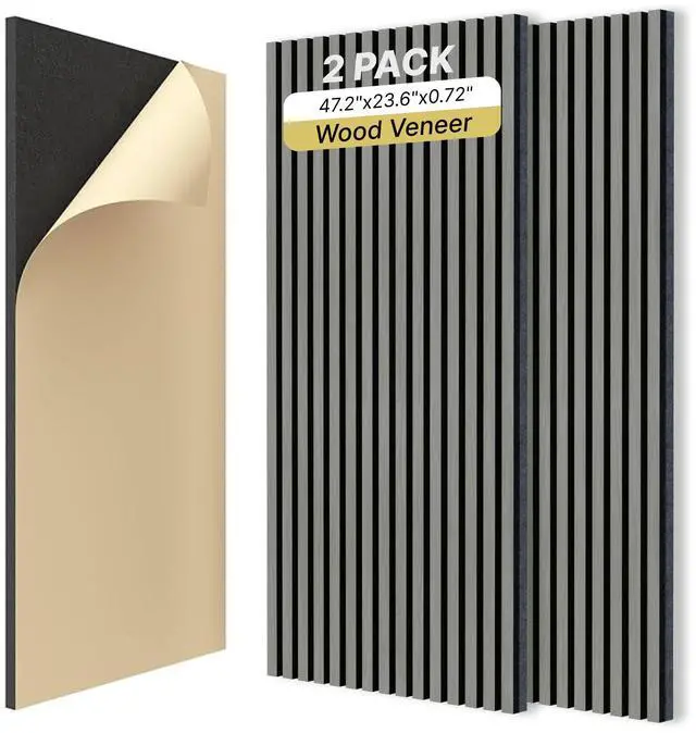 Main image of 2-Pack Acoustic Wood Veneer Wall Panels, 47"x23.6"x0.74" 3D Self-adhesive Panel, Dual-layer Soundproof Tiles for Echo Absorption, Decorative Acoustical Barrier, Grey Wood Finish