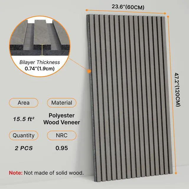 Alt view image 2 of 7 - 2-Pack Acoustic Wood Veneer Wall Panels, 47"x23.6"x0.74" 3D Self-adhesive Panel, Dual-layer Soundproof Tiles for Echo Absorption, Decorative Acoustical Barrier, Grey Wood Finish