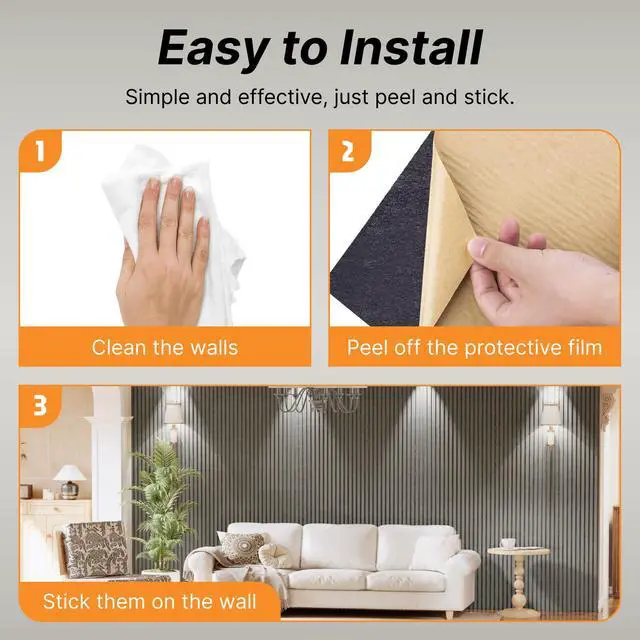 Alt view image 6 of 7 - 2-Pack Acoustic Wood Veneer Wall Panels, 47"x23.6"x0.74" 3D Self-adhesive Panel, Dual-layer Soundproof Tiles for Echo Absorption, Decorative Acoustical Barrier, Grey Wood Finish