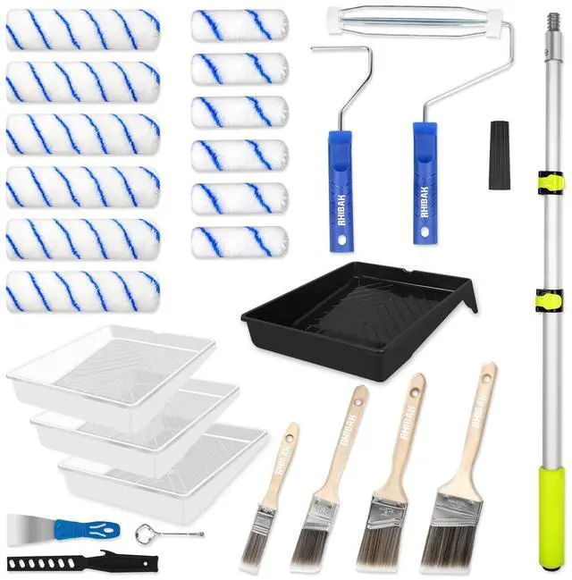 Main image of Paint Roller Kit with Extension Pole, 27 Piece Set, 2 to 4 Ft Pole, 4"9" Paint Rollers, Paint Brushes Set for Professional Painting,House Paint Roller for All Latex and Oil Paints & Stains