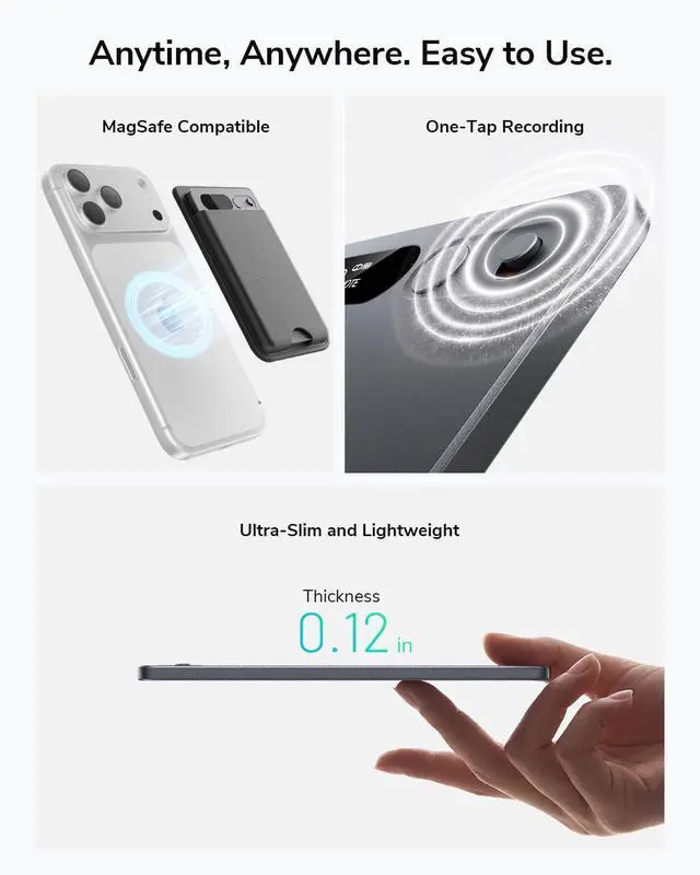 Alt view image 6 of 7 - AI Voice Recorder,Unlimited Transcribe & Summarize,App Control,AI Note Taking Recording Device w/Case,Supports 152 Languages,Magsafe Voice Recorder for Calls,Meetings,Lectures,Interview,Gray