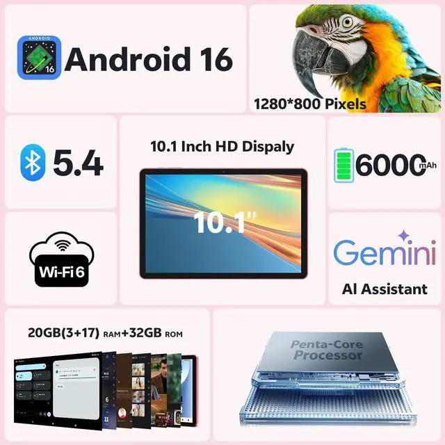 Alt view image 2 of 7 - Tablet 10 Inch, Android 16 Tablet with Keyboard, 20GB RAM + 32GB, Pink