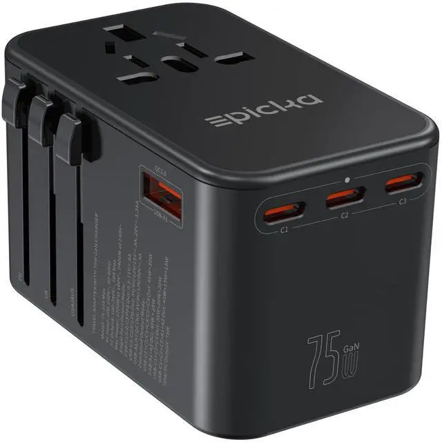 Main image of Universal Travel Adapter, GaN 75W International Plug Adapter with 3 USB-C PD Fast Charging & 2 USB-A Quick Charging Adaptor All-in-one Wall Charger for USA EU UK AUS (TA-105 Max, Black)