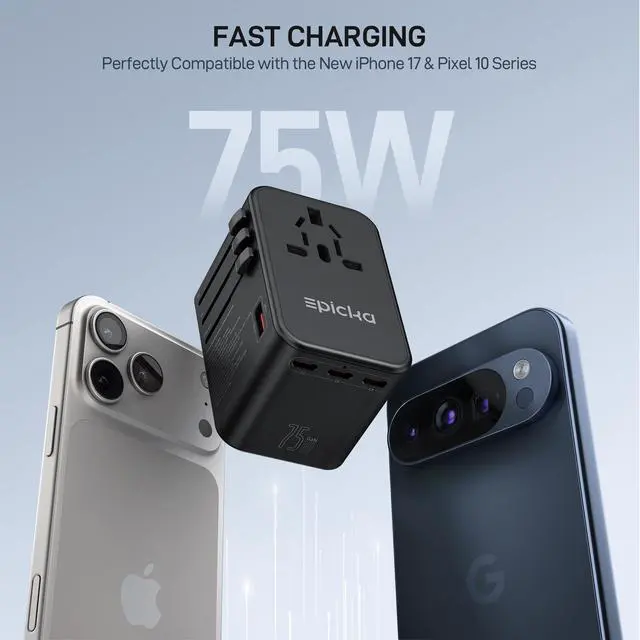 Alt view image 2 of 7 - Universal Travel Adapter, GaN 75W International Plug Adapter with 3 USB-C PD Fast Charging & 2 USB-A Quick Charging Adaptor All-in-one Wall Charger for USA EU UK AUS (TA-105 Max, Black)