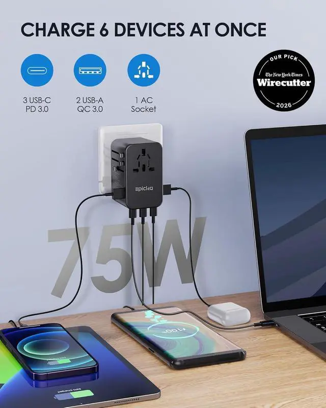 Alt view image 3 of 7 - Universal Travel Adapter, GaN 75W International Plug Adapter with 3 USB-C PD Fast Charging & 2 USB-A Quick Charging Adaptor All-in-one Wall Charger for USA EU UK AUS (TA-105 Max, Black)