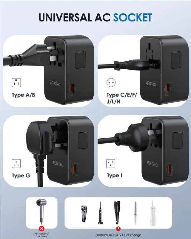 Alt view image 4 of 7 - Universal Travel Adapter, GaN 75W International Plug Adapter with 3 USB-C PD Fast Charging & 2 USB-A Quick Charging Adaptor All-in-one Wall Charger for USA EU UK AUS (TA-105 Max, Black)