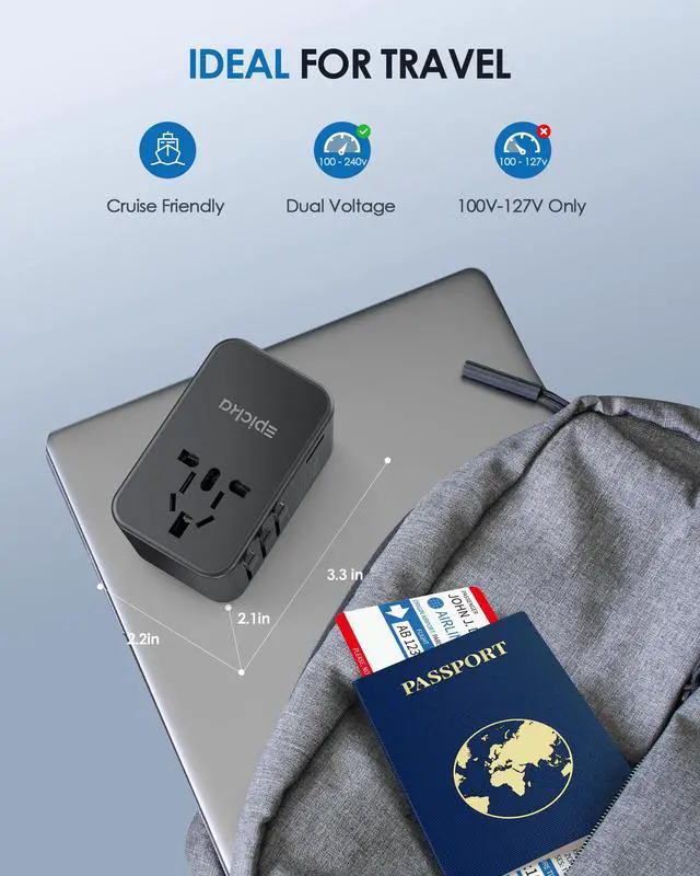 Alt view image 6 of 7 - Universal Travel Adapter, GaN 75W International Plug Adapter with 3 USB-C PD Fast Charging & 2 USB-A Quick Charging Adaptor All-in-one Wall Charger for USA EU UK AUS (TA-105 Max, Black)