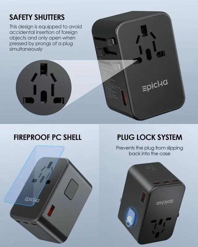 Alt view image 7 of 7 - Universal Travel Adapter, GaN 75W International Plug Adapter with 3 USB-C PD Fast Charging & 2 USB-A Quick Charging Adaptor All-in-one Wall Charger for USA EU UK AUS (TA-105 Max, Black)