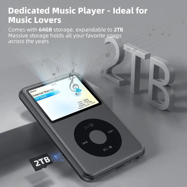 Alt view image 5 of 7 - 64GB Mp3 Player with Bluetooth, Lossless DSD DAC FLAC Support, Y2 Classic Dedicated Music Player with Playlists, Nostalgia Design, Supports up to 2TB Black