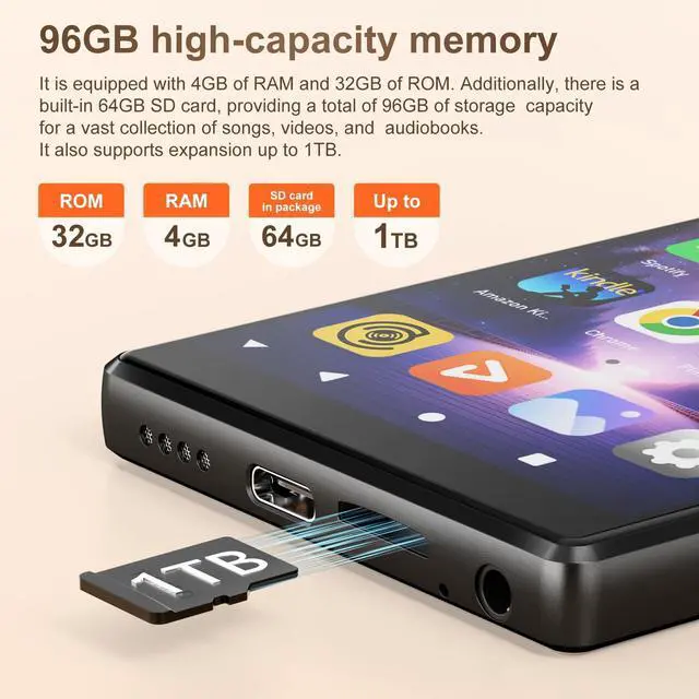 Alt view image 2 of 7 - 96GB MP3 Player with Bluetooth and WiFi- D26 5" HD Full Touch Screen MP3 Player with Spotify, Amazon Music,YouTube,Pandora,Libby,Android MP4 Music Player for Kids