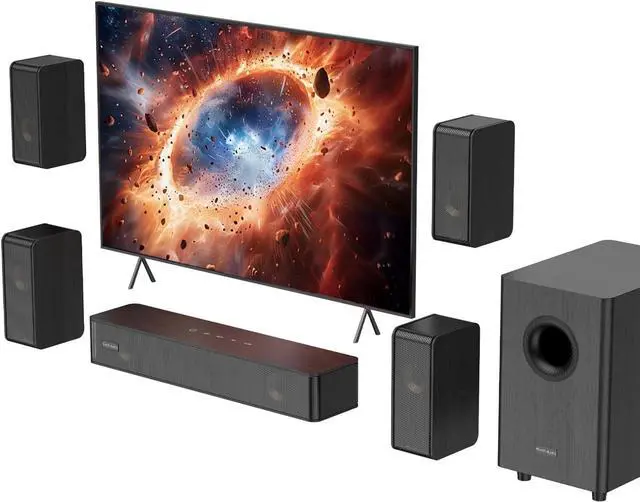 Main image of Surround Sound System for Small Rooms, Compact Smart TV Sound Bars Home Theater w/4 Wired Speakers, Clear Voice & Deep Bass, 5.25'' Wired Subwoofer Soundbar Easy Setup, ARC/OPT/BT, 2026