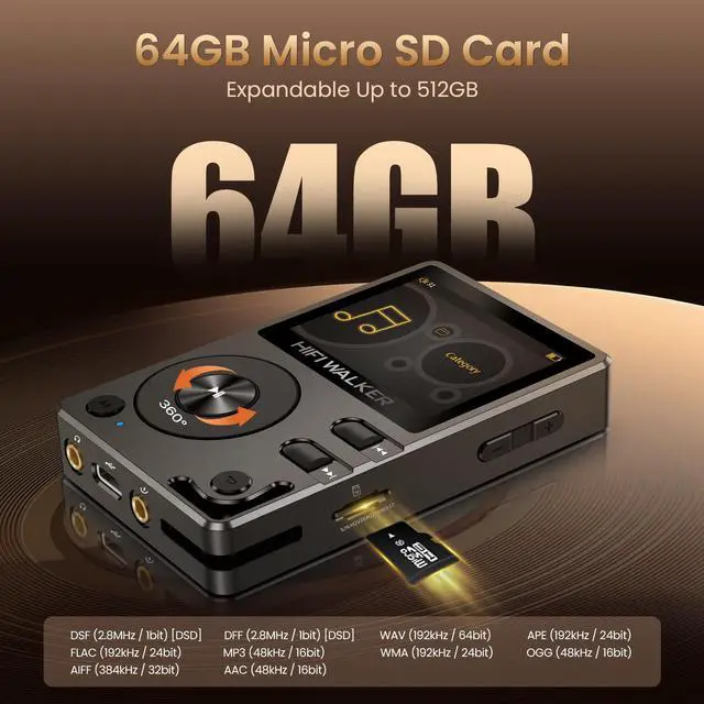 Alt view image 6 of 7 - H2 Hi-Res Bluetooth MP3 Player with 64GB MicroSD Card, Portable Lossless Digital Audio Player with ESS DAC, DSD FLAC Support, USB DAC, Line Out, Physical Controls, Supports up to 512GB