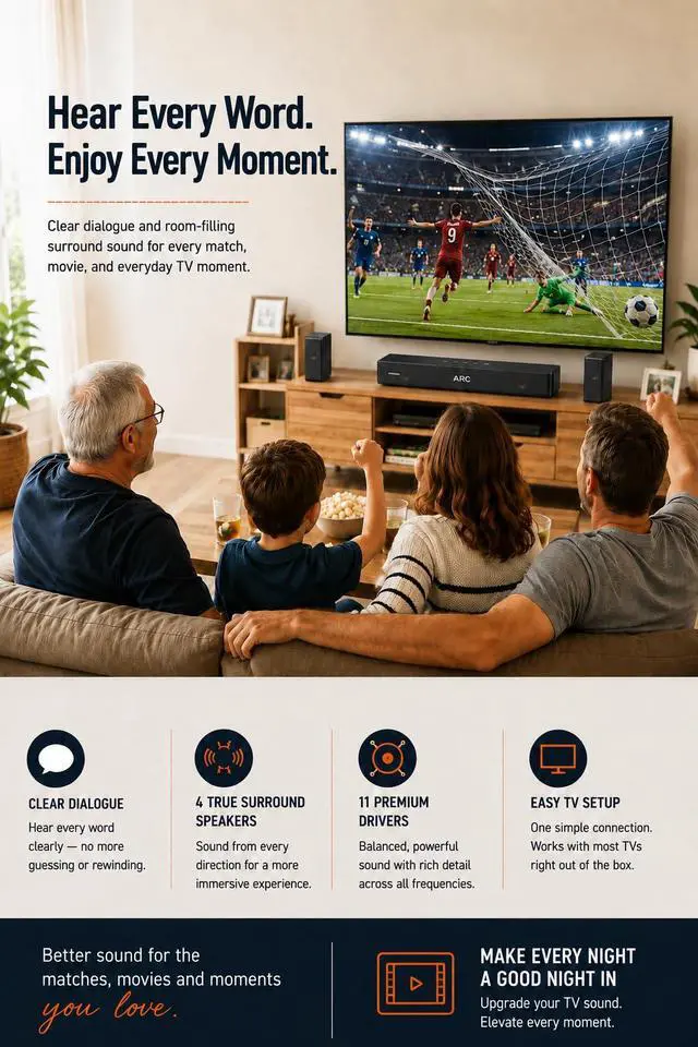 Alt view image 3 of 7 - Surround Sound System for Small Rooms, Compact Smart TV Sound Bars Home Theater w/4 Wired Speakers, Clear Voice & Deep Bass, 5.25'' Wired Subwoofer Soundbar Easy Setup, ARC/OPT/BT, 2026