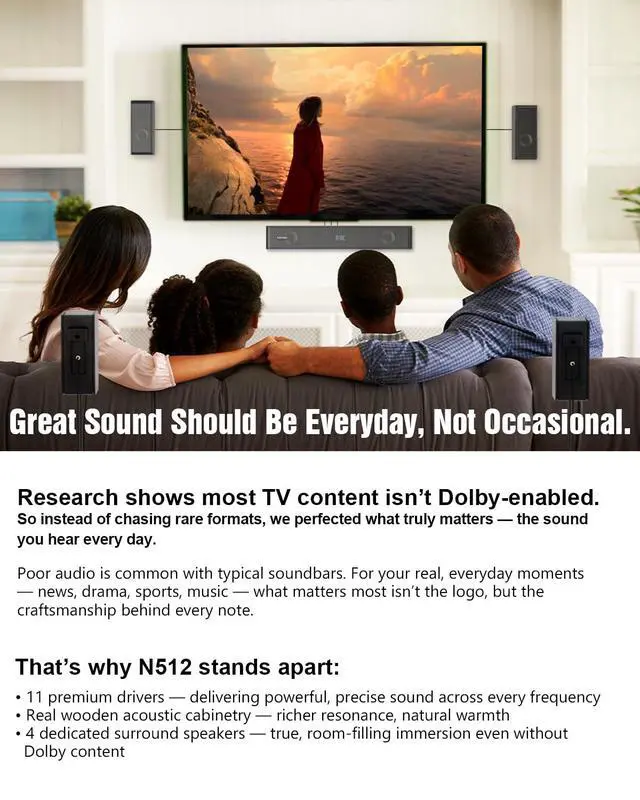 Alt view image 7 of 7 - Surround Sound System for Small Rooms, Compact Smart TV Sound Bars Home Theater w/4 Wired Speakers, Clear Voice & Deep Bass, 5.25'' Wired Subwoofer Soundbar Easy Setup, ARC/OPT/BT, 2026