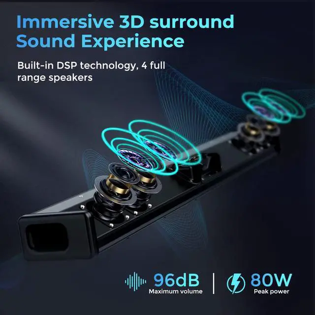 Alt view image 2 of 6 - S3 Sound Bars for TV, Home Theater Audio with Dynamic Bass, 3D Surround Sound System TV Sound Bar, TV Speakers, Bluetooth 5.0/Aux/Optical/Coaxial, 80-Watt, 3Eqs, Wall Mountable, Black