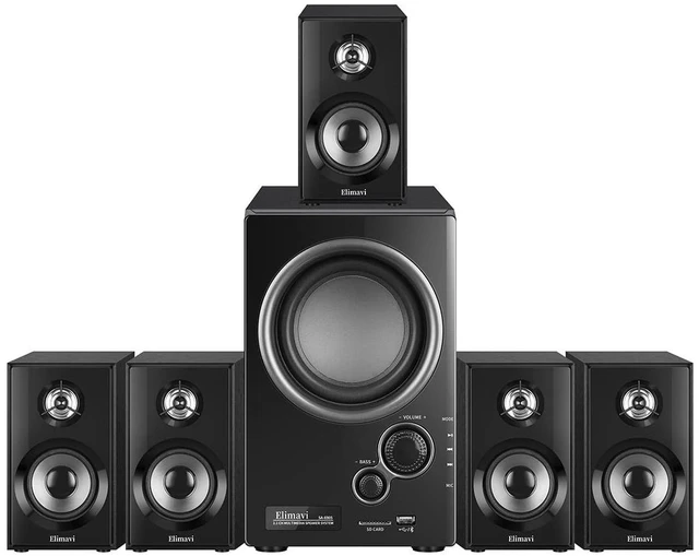 Alt view image 7 of 7 - 5.1 Home Theater Surround Sound System with 5.5-Inch Subwoofer | 200W Peak Power, Five 2.5-Inch Speakers, MDF Cabinets, USB, RCA, AUX and Wireless Audio Inputs
