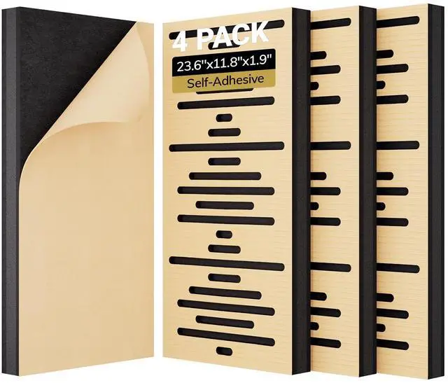 Main image of 4-Pack Acoustic Wood Wall Panels, 23.6 * 11.8 * 1.9 3D Self-adhesive Wall Panel, Three-layer Soundproof Tiles for Echo Absorbtion, Acoustical Barrier of Polyester Fiber, wood, Burly Wood