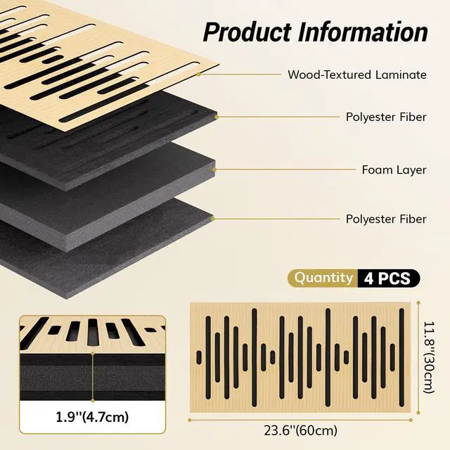 Alt view image 2 of 7 - 4-Pack Acoustic Wood Wall Panels, 23.6 * 11.8 * 1.9 3D Self-adhesive Wall Panel, Three-layer Soundproof Tiles for Echo Absorbtion, Acoustical Barrier of Polyester Fiber, wood, Burly Wood