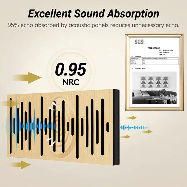 Alt view image 3 of 7 - 4-Pack Acoustic Wood Wall Panels, 23.6 * 11.8 * 1.9 3D Self-adhesive Wall Panel, Three-layer Soundproof Tiles for Echo Absorbtion, Acoustical Barrier of Polyester Fiber, wood, Burly Wood