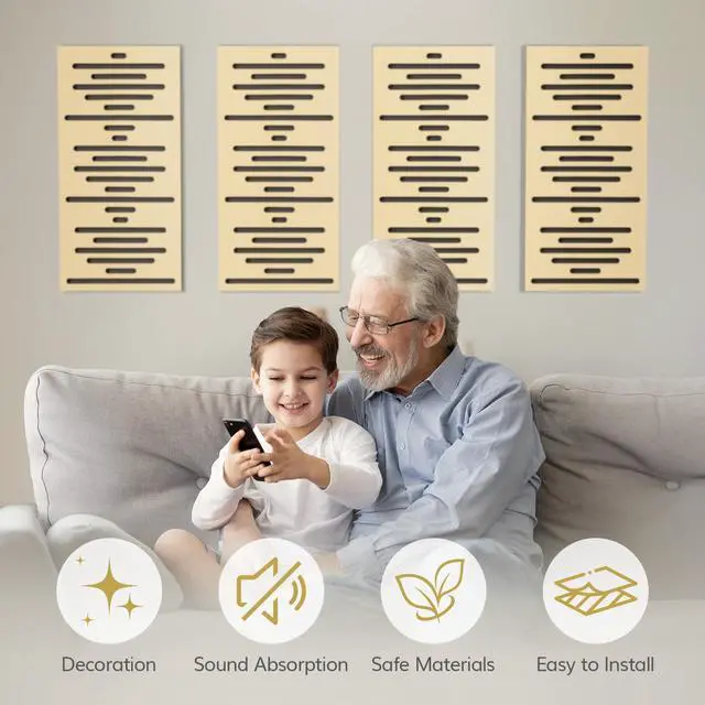 Alt view image 4 of 7 - 4-Pack Acoustic Wood Wall Panels, 23.6 * 11.8 * 1.9 3D Self-adhesive Wall Panel, Three-layer Soundproof Tiles for Echo Absorbtion, Acoustical Barrier of Polyester Fiber, wood, Burly Wood