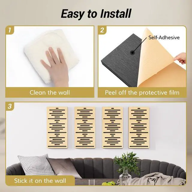 Alt view image 5 of 7 - 4-Pack Acoustic Wood Wall Panels, 23.6 * 11.8 * 1.9 3D Self-adhesive Wall Panel, Three-layer Soundproof Tiles for Echo Absorbtion, Acoustical Barrier of Polyester Fiber, wood, Burly Wood