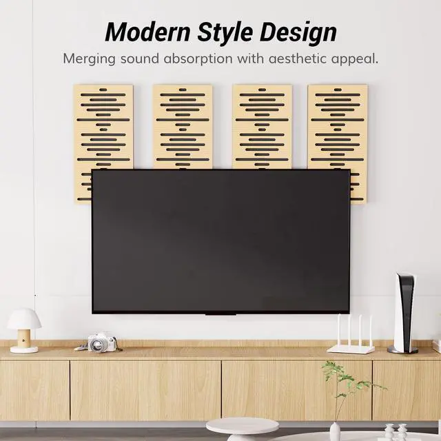 Alt view image 6 of 7 - 4-Pack Acoustic Wood Wall Panels, 23.6 * 11.8 * 1.9 3D Self-adhesive Wall Panel, Three-layer Soundproof Tiles for Echo Absorbtion, Acoustical Barrier of Polyester Fiber, wood, Burly Wood