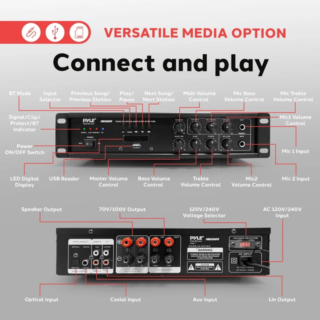 Alt view image 5 of 7 - Bluetooth PA Mixing Amplifier - 500W Home Audio Rack Mount Stereo Power Amplifier, Digital LED Display, USB/AUX/Mic, Optical/Coaxial, AC-3, 70V/100V Output - PMX3500PH