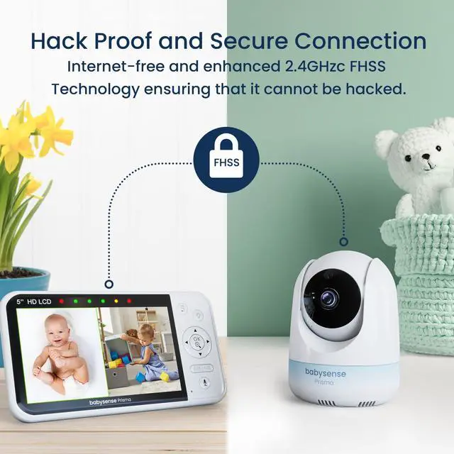 Alt view image 2 of 7 - Prisma Baby Monitor with Camera and Audio, 5 HD Video Baby Monitor with 2 Cameras, 6-Color Night Light, Split Screen, Sound Machine with White Noise & Lullabies, Secure No WiFi