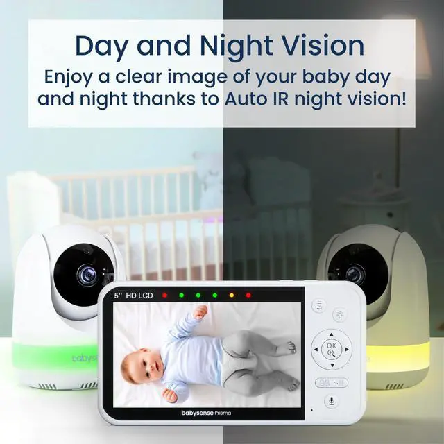 Alt view image 4 of 7 - Prisma Baby Monitor with Camera and Audio, 5 HD Video Baby Monitor with 2 Cameras, 6-Color Night Light, Split Screen, Sound Machine with White Noise & Lullabies, Secure No WiFi