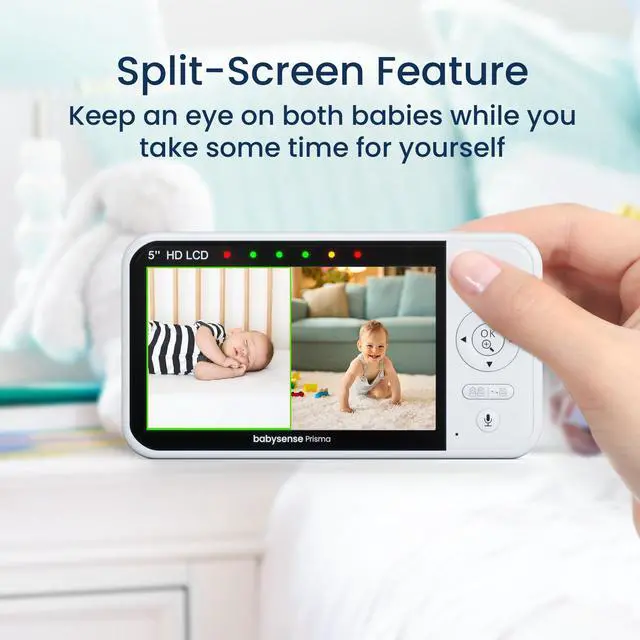 Alt view image 3 of 7 - Prisma Baby Monitor with Camera and Audio, 5 HD Video Baby Monitor with 2 Cameras, 6-Color Night Light, Split Screen, Sound Machine with White Noise & Lullabies, Secure No WiFi
