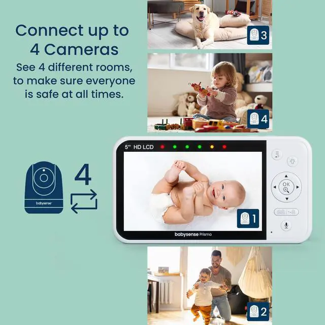 Alt view image 7 of 7 - Prisma Baby Monitor with Camera and Audio, 5 HD Video Baby Monitor with 2 Cameras, 6-Color Night Light, Split Screen, Sound Machine with White Noise & Lullabies, Secure No WiFi