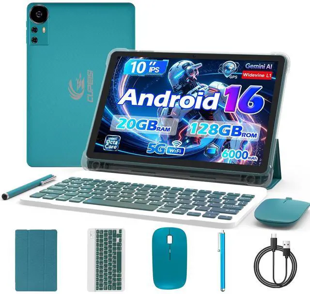 Main image of Android 16 Tablet 10 Inch, 20GB RAM+128GB ROM/ 2TB Expandable, 2.0GHz Octa-core Processor, 1280*800 HD Screen, 5G WiFi6 BT 5.0, 2 in 1 Tablets with Keyboard Case Mouse Stylus, Widevine L1 Blue