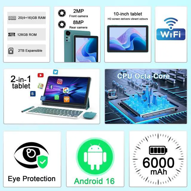 Alt view image 2 of 7 - Android 16 Tablet 10 Inch, 20GB RAM+128GB ROM/ 2TB Expandable, 2.0GHz Octa-core Processor, 1280*800 HD Screen, 5G WiFi6 BT 5.0, 2 in 1 Tablets with Keyboard Case Mouse Stylus, Widevine L1 Blue