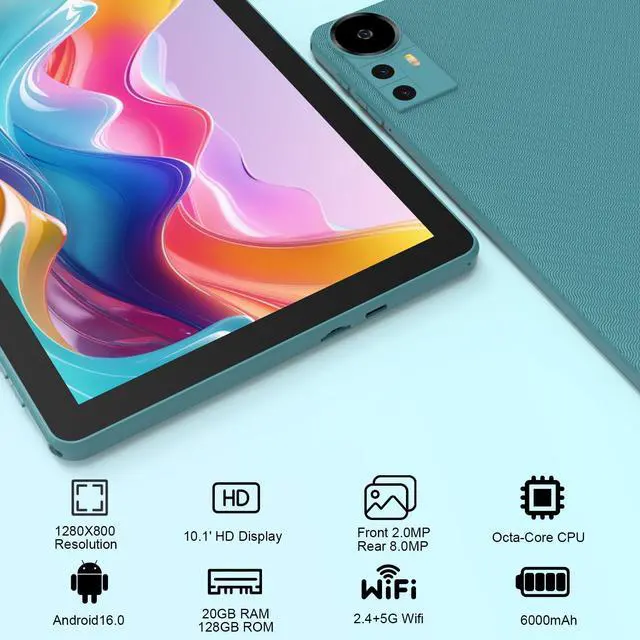Alt view image 4 of 7 - Android 16 Tablet 10 Inch, 20GB RAM+128GB ROM/ 2TB Expandable, 2.0GHz Octa-core Processor, 1280*800 HD Screen, 5G WiFi6 BT 5.0, 2 in 1 Tablets with Keyboard Case Mouse Stylus, Widevine L1 Blue