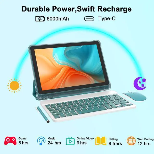 Alt view image 6 of 7 - Android 16 Tablet 10 Inch, 20GB RAM+128GB ROM/ 2TB Expandable, 2.0GHz Octa-core Processor, 1280*800 HD Screen, 5G WiFi6 BT 5.0, 2 in 1 Tablets with Keyboard Case Mouse Stylus, Widevine L1 Blue