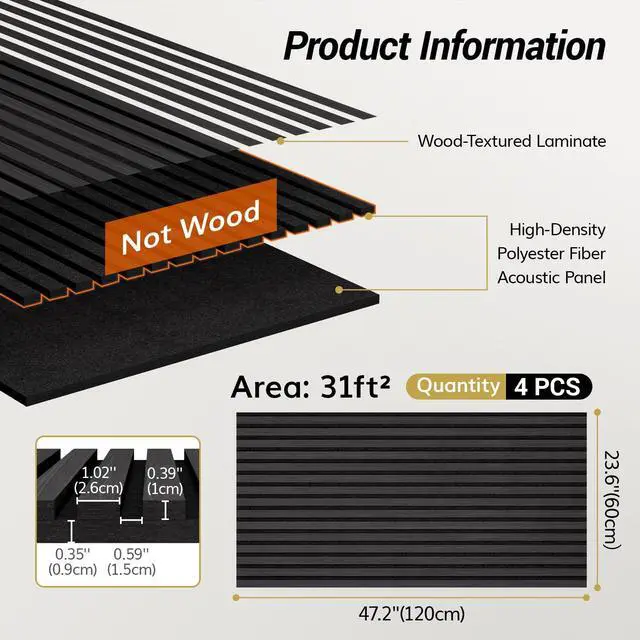 Alt view image 2 of 7 - 4-Pack Acoustic Wood Veneer Wall Panels, 47.2 * 23.6 * 0.74 3D Self-Adhesive Panel, Dual Layer Soundproof Tiles for Echo Absorption, Decorative Acoustical Barrier, Blackwood Veneer