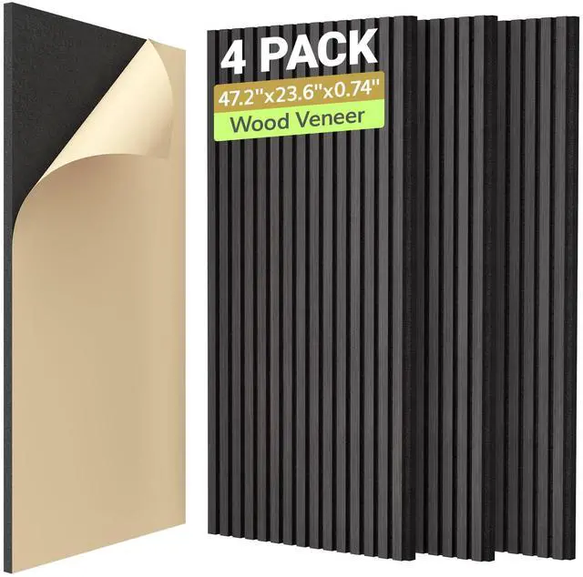 Main image of 4-Pack Acoustic Wood Veneer Wall Panels, 47.2 * 23.6 * 0.74 3D Self-Adhesive Panel, Dual Layer Soundproof Tiles for Echo Absorption, Decorative Acoustical Barrier, Blackwood Veneer