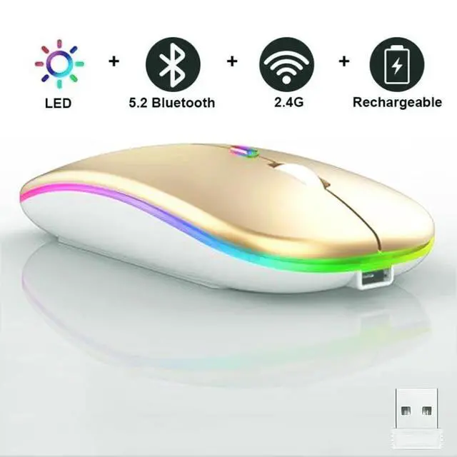 Alt view image 3 of 7 - Wireless Bluetooth Mouse,LED Dual Mode Rechargeable Silent Slim Laptop Mouse,Portable(BT5.2+USB Receiver) Dual Mode Computer Mice,for Laptop,Desktop Computer,ipad Tablet,Phone,TV (Gold)