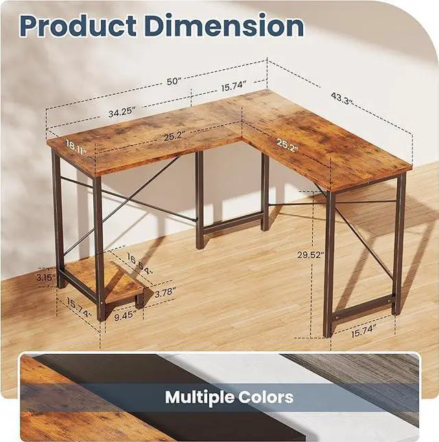 Alt view image 2 of 3 - 50-Inch Reversible L Shaped Desk with CPU Shelf, Brown | Computer Desk with Sturdy Metal Frame, Corner Gaming Desk, Home Office Desk for Study, Writing and Work, Sturdy Modern Design