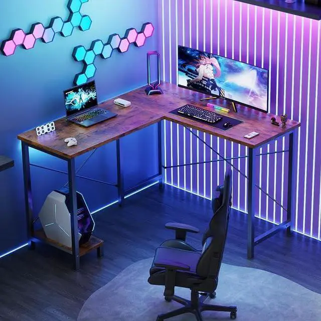 Alt view image 3 of 3 - 50-Inch Reversible L Shaped Desk with CPU Shelf, Brown | Computer Desk with Sturdy Metal Frame, Corner Gaming Desk, Home Office Desk for Study, Writing and Work, Sturdy Modern Design