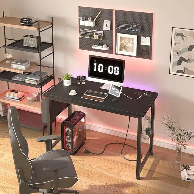 Alt view image 2 of 2 - Lufeiya 39 inch Computer Desk with Power Outlet, 40 inch Teen Study Table Home Office Work Writing Desks with Charging Station Outlets Built in, Black