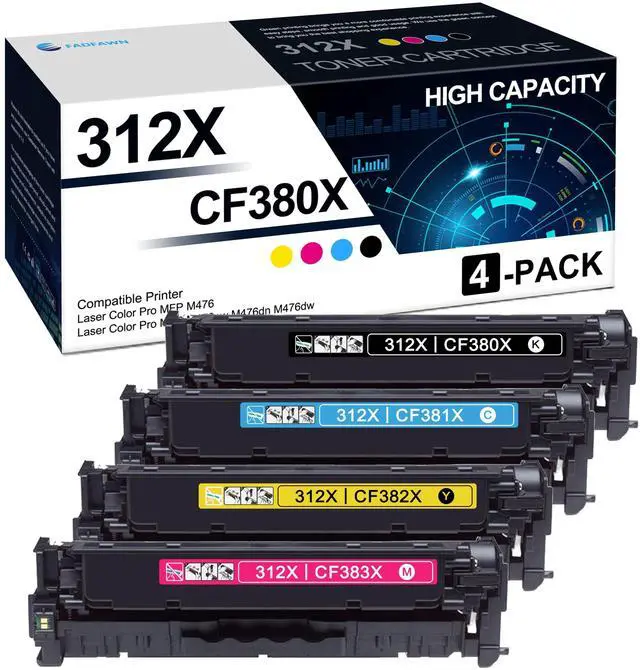 Main image of 312X High Yield Toner Cartridges 4 Pack: Compatible CF380X CF381X CF382X CF383X Toner Replacement for HP 312X 312A Laser Color Pro MFP M476 MFP M476nw M476dn M476dw Printers(1BK/1C/1M/1Y)