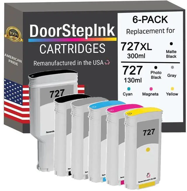 Main image of 727 Matte Black, Photo Black, Cyan, Magenta, Yellow Remanufactured Ink Cartridge Replacement for HP 727 - Compatible with DesignJet T1500/T2500/T920/T930 - High Yield 6-Pack