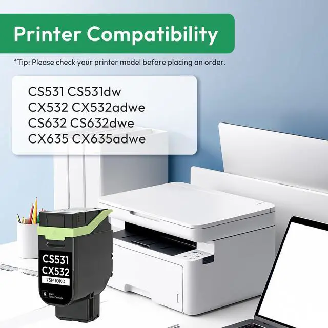 Alt view image 2 of 6 - CS531 CX532 Toner Cartridge (with New Chip) Replacement for Lexmark 75M10K0 Black Toner Cartridge for CS531 CS531dw CX532 CX532adwe CS632 CS632dwe CX635 CX635adwe Printer, 1-Pack